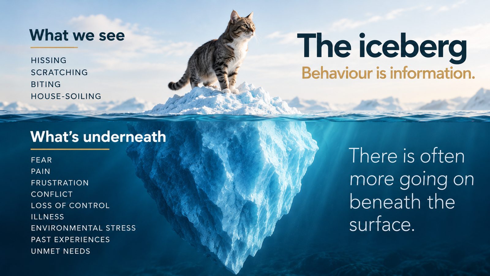 A cat standing on the tip of an iceberg. Hissing, scratching, biting and house soiling sit above the water; fear, pain, frustration, illness and unmet needs sit below it.