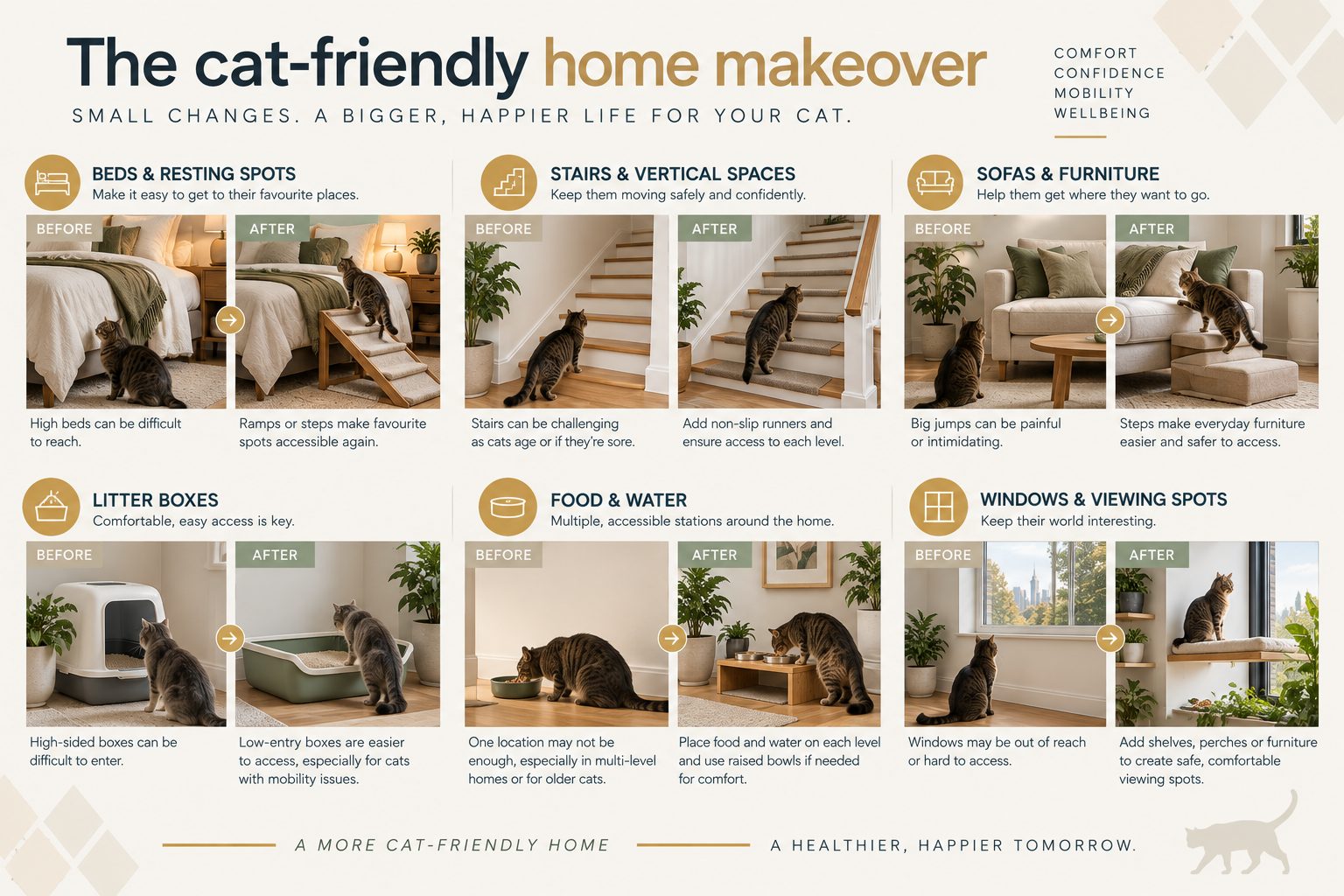 Before and after pairs for beds, stairs, sofas, litter boxes, food and water stations, and window perches, each showing a small change that makes the space easier for a cat to use.