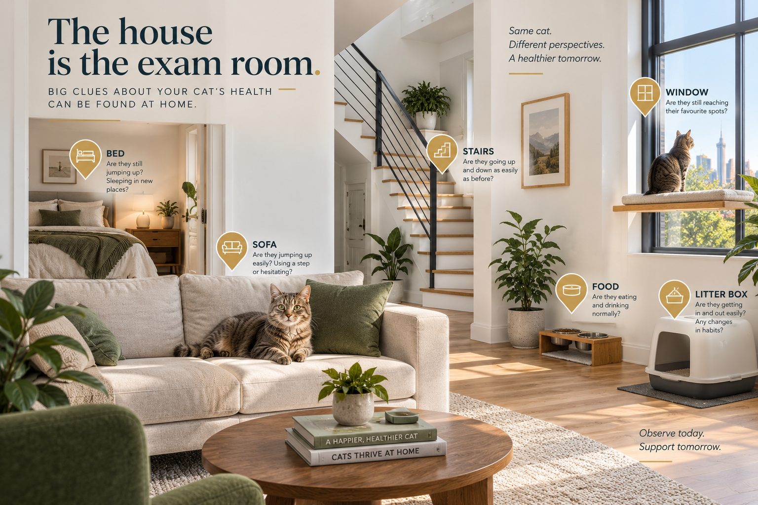 A living room annotated at the bed, sofa, stairs, window, food bowls and litter box, with a question about how easily the cat manages each one.